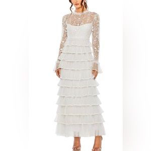 Max Duggal Embroidered along Sleeve Tiered Dress